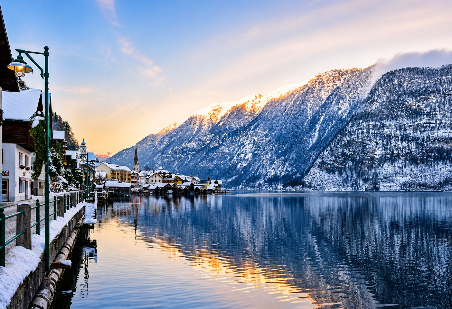 Snowy lakeside village at sunrise